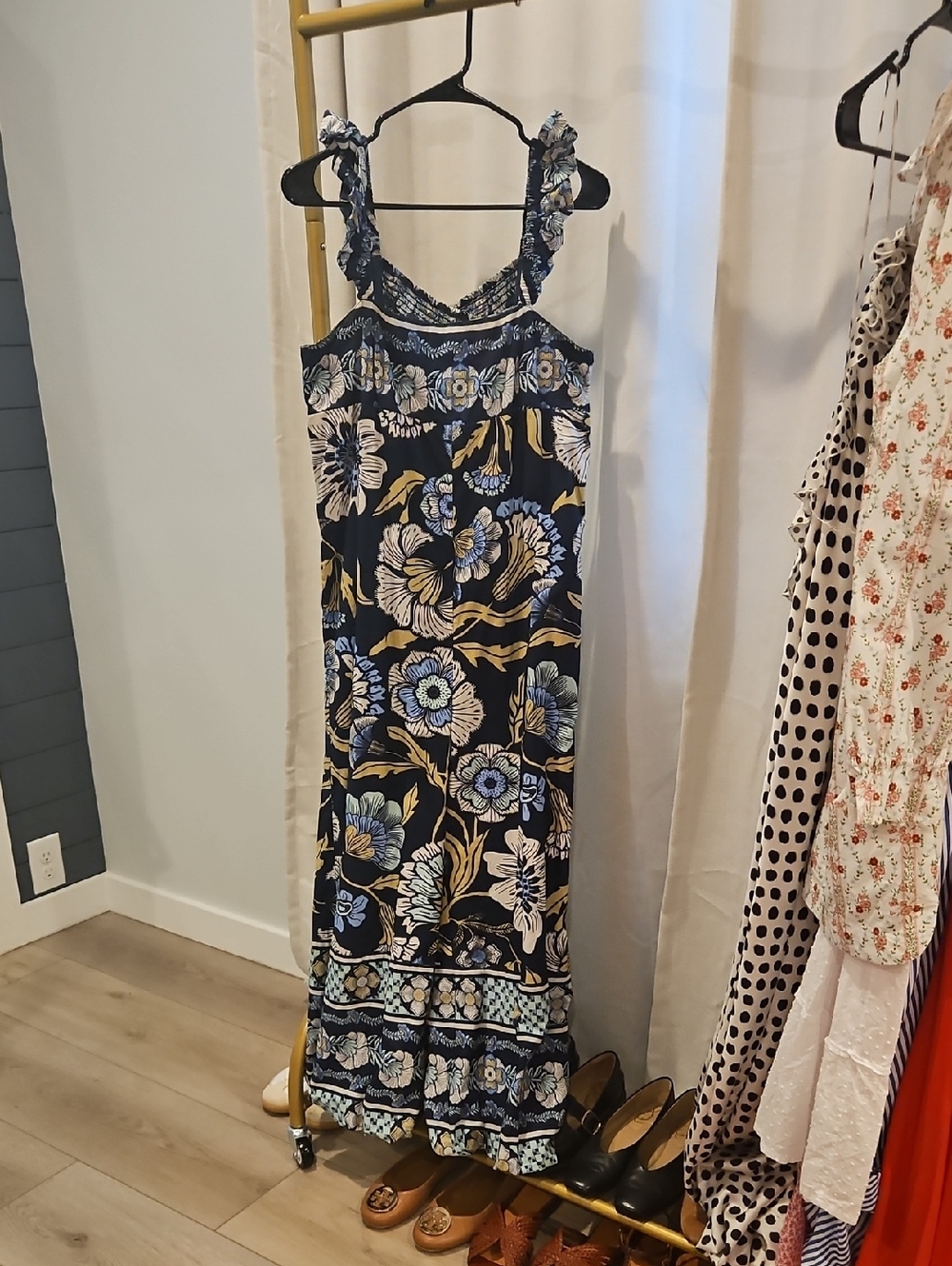 Free People Navy Maxi Dress with Blue & Yellow Floral Print